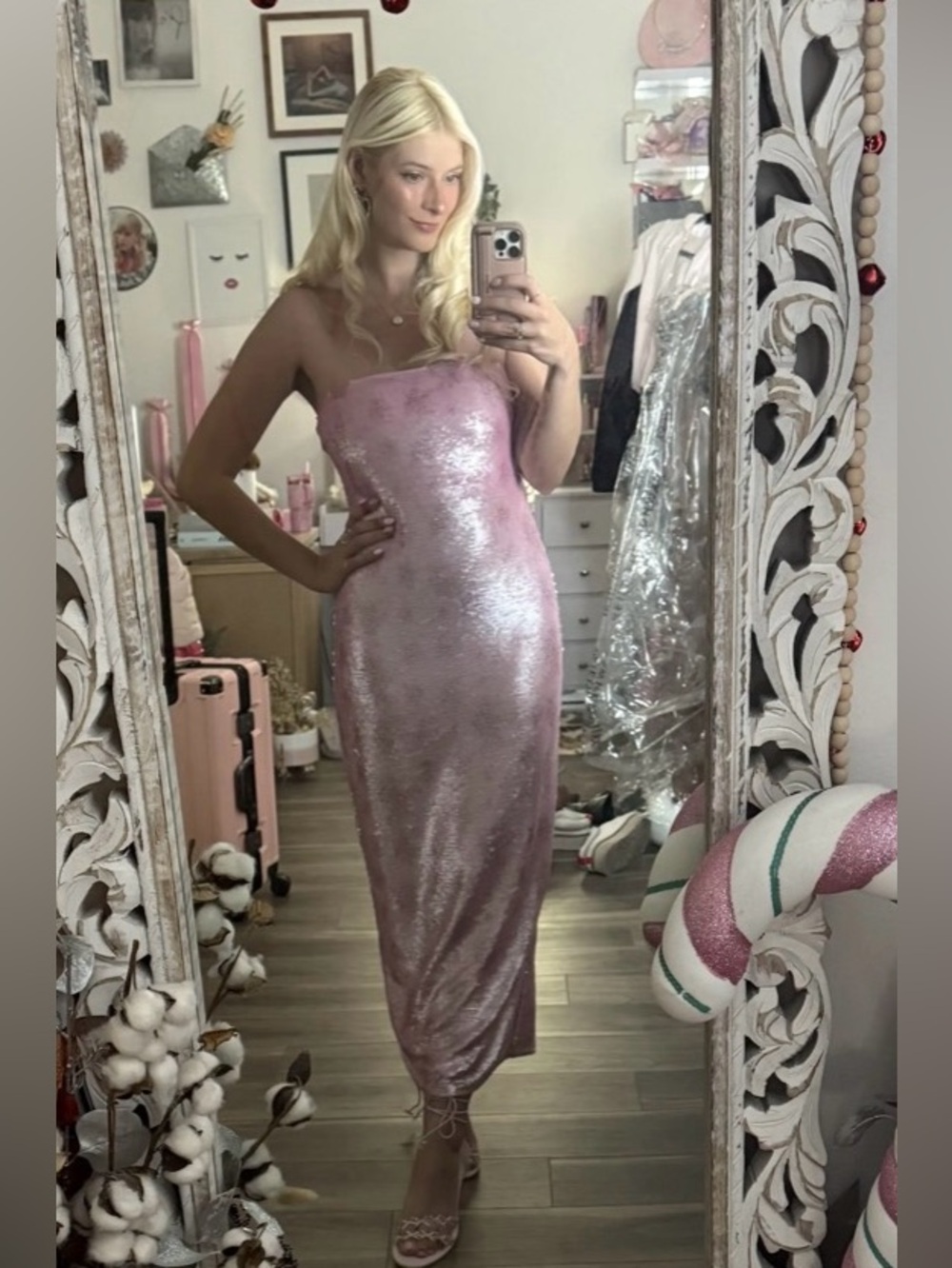 LoveShackFancy Stacia Sequin Dress
Strapless Pink Metallic Midi size 4 - Picture 9 of 14